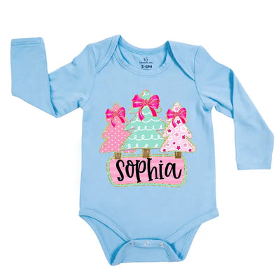 Custom Name Christmas Tree Baby Girl Onesie