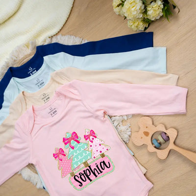 Custom Name Christmas Tree Baby Girl Onesie