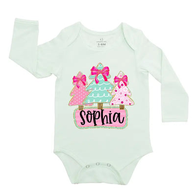 Custom Name Christmas Tree Baby Girl Onesie