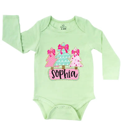 Custom Name Christmas Tree Baby Girl Onesie