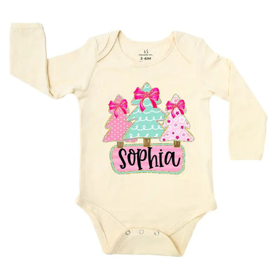 Custom Name Christmas Tree Baby Girl Onesie