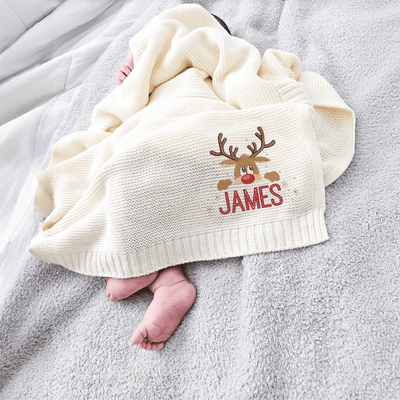 Personalize Reindeer Christmas Embroidery Blanket