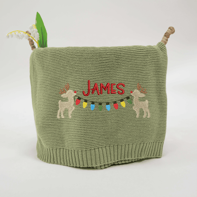Reindeer Christmas Embroidery Baby Blanket with Name