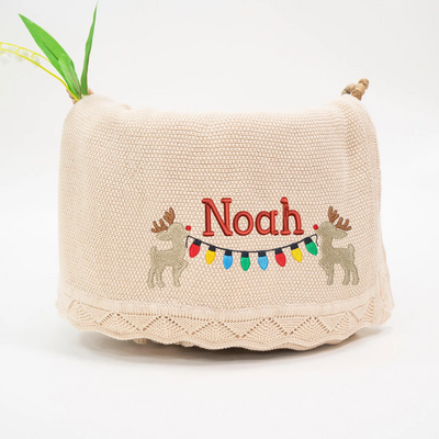 Reindeer Christmas Embroidery Baby Blanket with Name