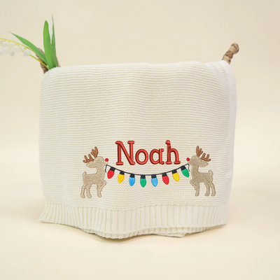 Reindeer Christmas Embroidery Baby Blanket with Name