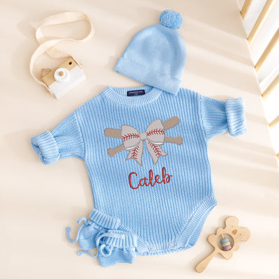 Embroidered Baseball Coquette Bow Baby Rompers