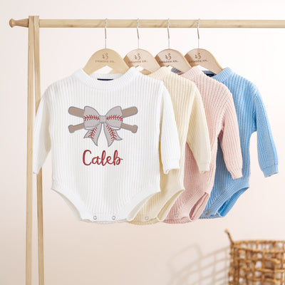 Embroidered Baseball Coquette Bow Baby Rompers