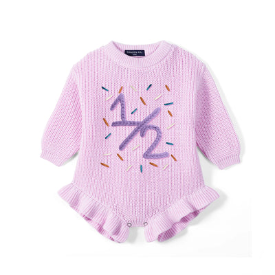 Custom Hand Embroidered Half Birthday 1/2 Knit Baby Romper