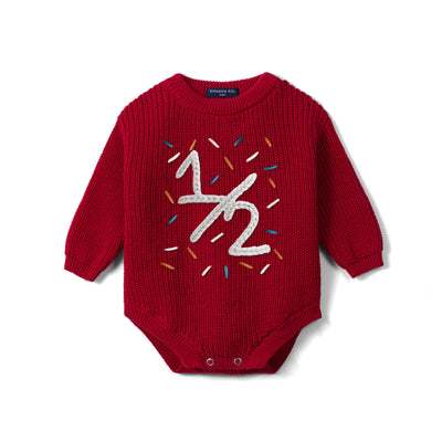 Custom Hand Embroidered Half Birthday 1/2 Knit Baby Romper