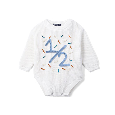 Custom Hand Embroidered Half Birthday 1/2 Knit Baby Romper