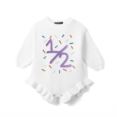 Custom Hand Embroidered Half Birthday 1/2 Knit Baby Romper