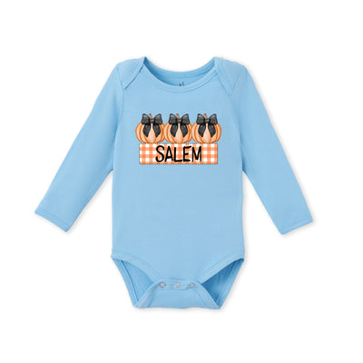 Personalized Halloween Trio Pumpkin Name Bamboo Baby Onesie