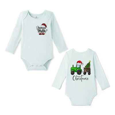 Custom Name Green Tractor Merry Christmas Bamboo Baby Bodysuit