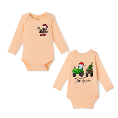 Custom Name Green Tractor Merry Christmas Bamboo Baby Bodysuit