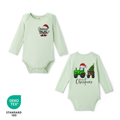 Custom Name Green Tractor Merry Christmas Bamboo Baby Bodysuit