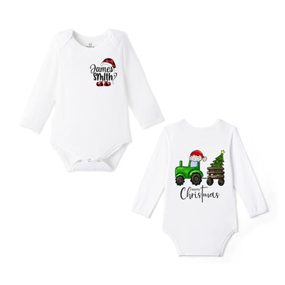 Custom Name Green Tractor Merry Christmas Bamboo Baby Bodysuit