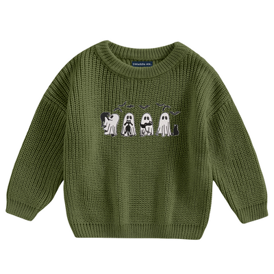 Embroidery Knit Baby Sweater | Halloween Ghost with Black Cat