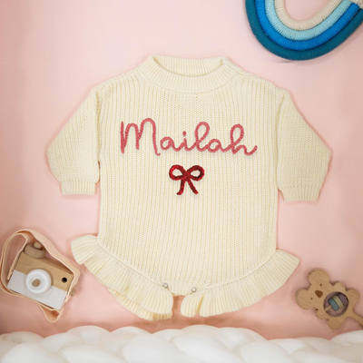 Hand Embroidery Ruffle Knit Baby Rompers