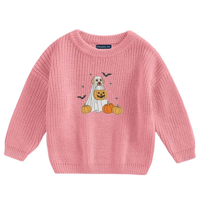 Pink sweater with Halloween design featuring a dog, pumpkin, and bats on a white background.