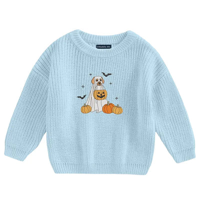 Light blue sweater with Halloween-themed design on a white background
