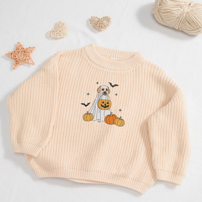 Halloween Dog and Pumpkin - Embroidery Classic Knit Baby Sweater