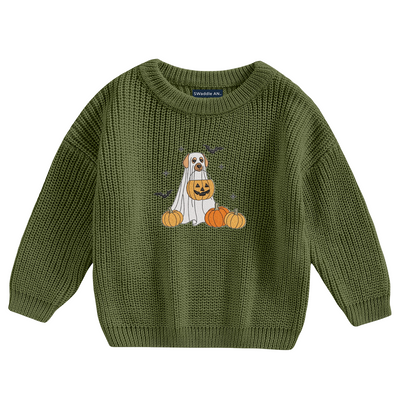 Halloween Dog and Pumpkin - Embroidery Classic Knit Baby Sweater