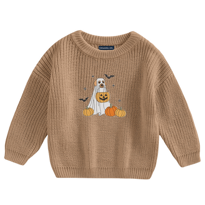 Halloween Dog and Pumpkin - Embroidery Classic Knit Baby Sweater