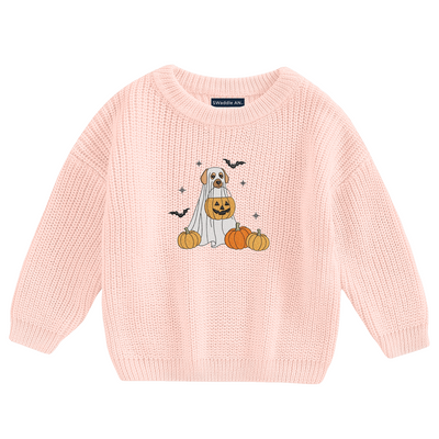 Halloween Dog and Pumpkin - Embroidery Classic Knit Baby Sweater