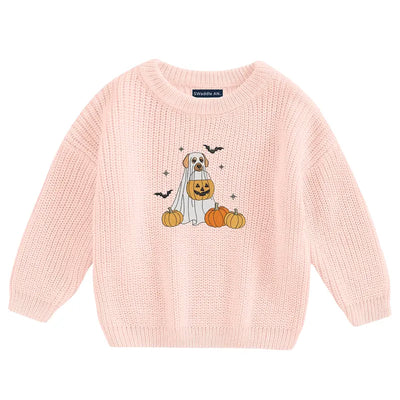 Pink sweater with Halloween-themed design on a white background