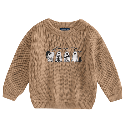 Embroidery Knit Baby Sweater | Halloween Ghost with Black Cat