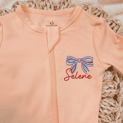 Embroidered Patriotic Striped Bow Baby Pajamas - SwaddleAn