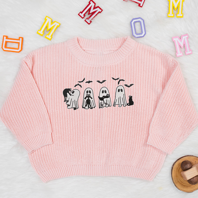 Embroidery Knit Baby Sweater | Halloween Ghost with Black Cat