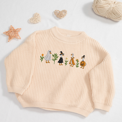 Halloween Goose Embroidery Cute Witch - Classic Knit Baby Sweater