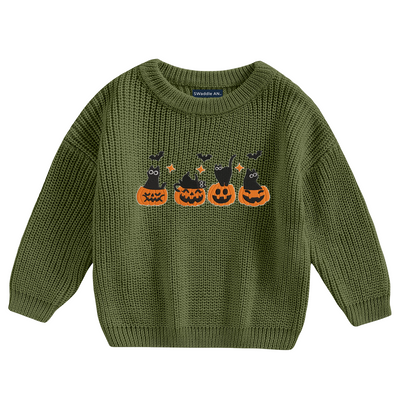 Embroidery Knit Baby Sweater | Halloween Black Cat and Pumpkin