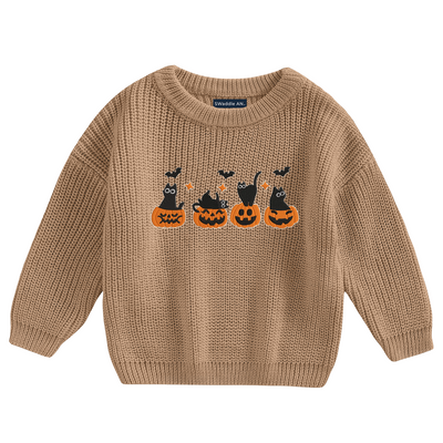 Embroidery Knit Baby Sweater | Halloween Black Cat and Pumpkin