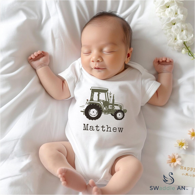 Farm Tractor Bamboo Baby Bodysuit | Soft Farm Themed Baby Onesie SwaddleAn