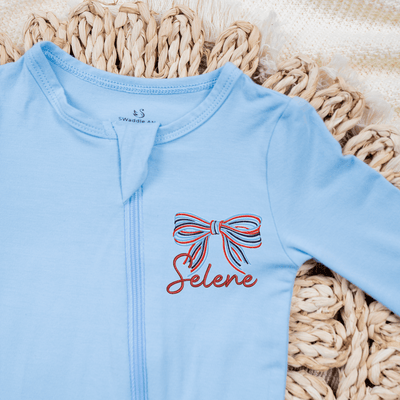 Embroidered Patriotic Striped Bow Baby Pajamas - SwaddleAn