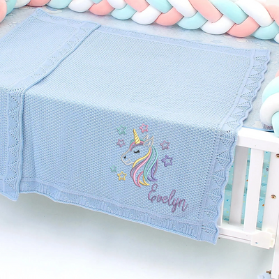 Baby Blue Unicorn Baby Blanket , Embroidered Unicorn Baby Girl Blanket