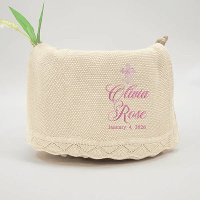 Personalized Bow Cross Embroidered Knit Baby Blanket