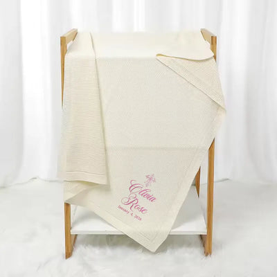 Personalized Bow Cross Embroidered Knit Baby Blanket