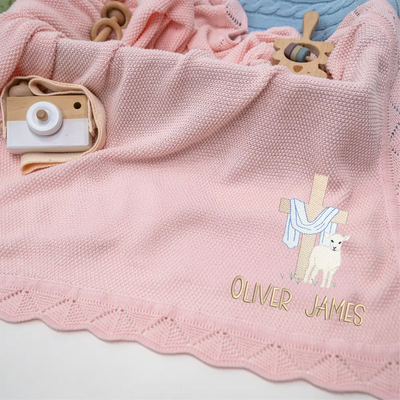 Custom Cross Embroidered Knit Baby Blanket