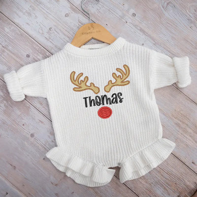 Christmas Reindeer Embroidery Name Baby Romper