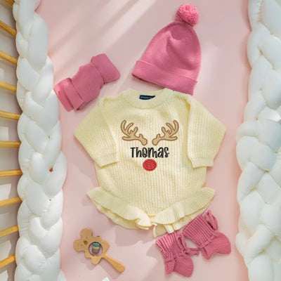 Christmas Reindeer Embroidery Name Baby Romper