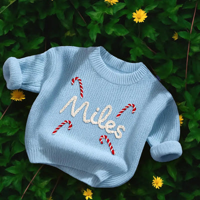Christmas Sweater Hand Embroidered Baby Name Sweater in Baby Blue