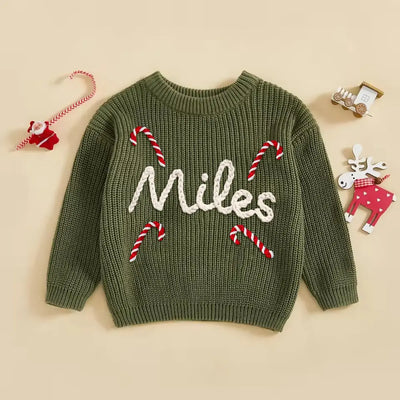 Christmas Sweater Hand Embroidered Baby Name Sweater in Forest Green