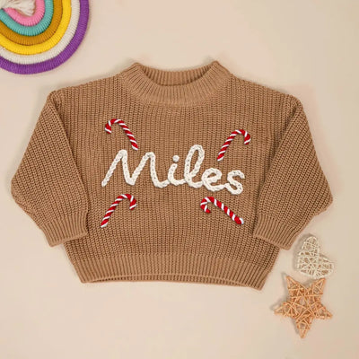 Christmas Sweater Hand Embroidered Baby Name Sweater in Mocha