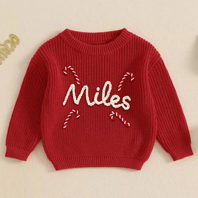 Christmas Sweater Hand Embroidered Baby Name Sweater in Red X-mas