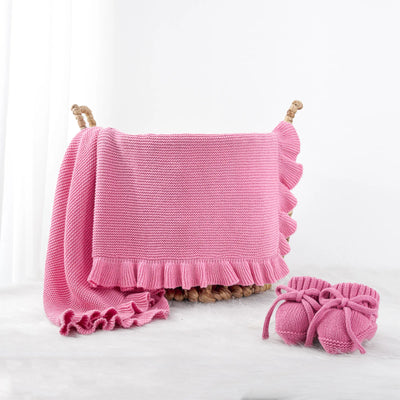 Ruffled Edge Knit Baby Blanket in Rose Pink
