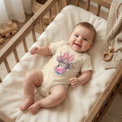 Coquette Highland Cow Bamboo Baby Onesie in Trendy Cowgirl Outfit