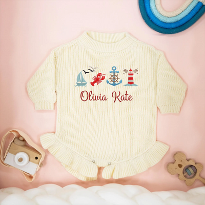Cream Beige Personalized Anchor Sailboat & Lighthouse Baby Blanket